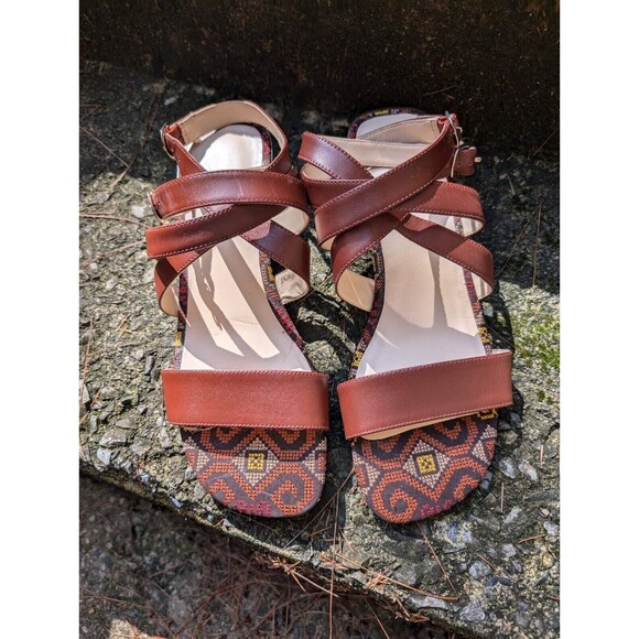 Nine West Shoes Women SZ 8.5 Cognac Yesta Leather Strappy Boho Sandals - Picture 1 of 9
